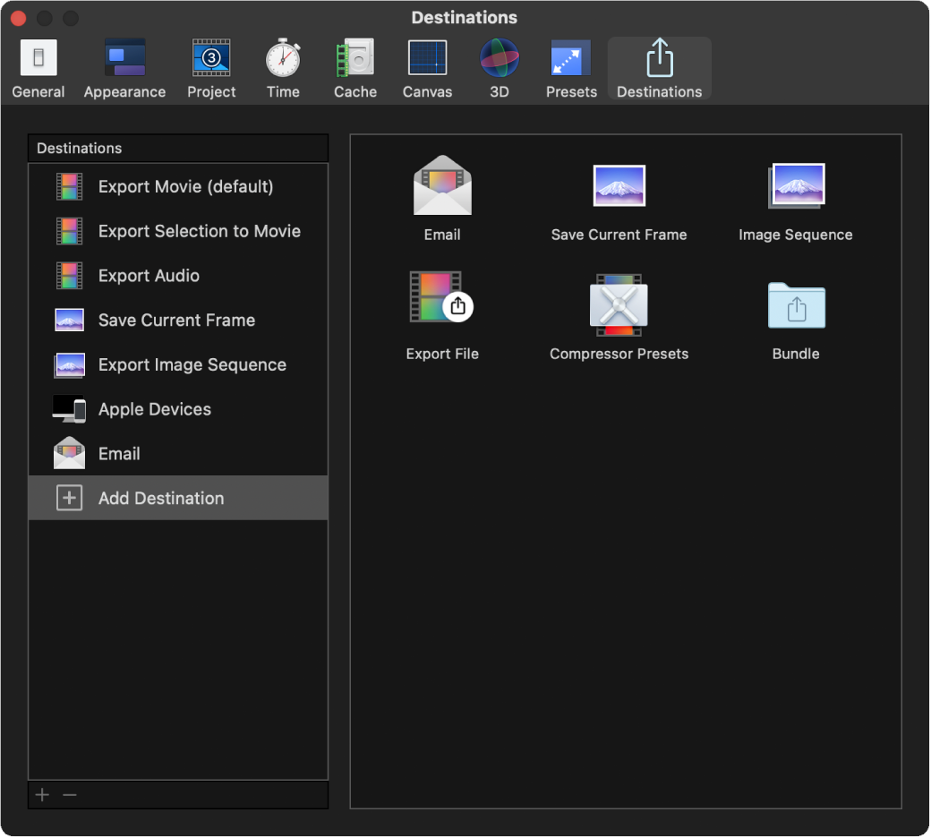 Motion Settings window showing Destinations pane