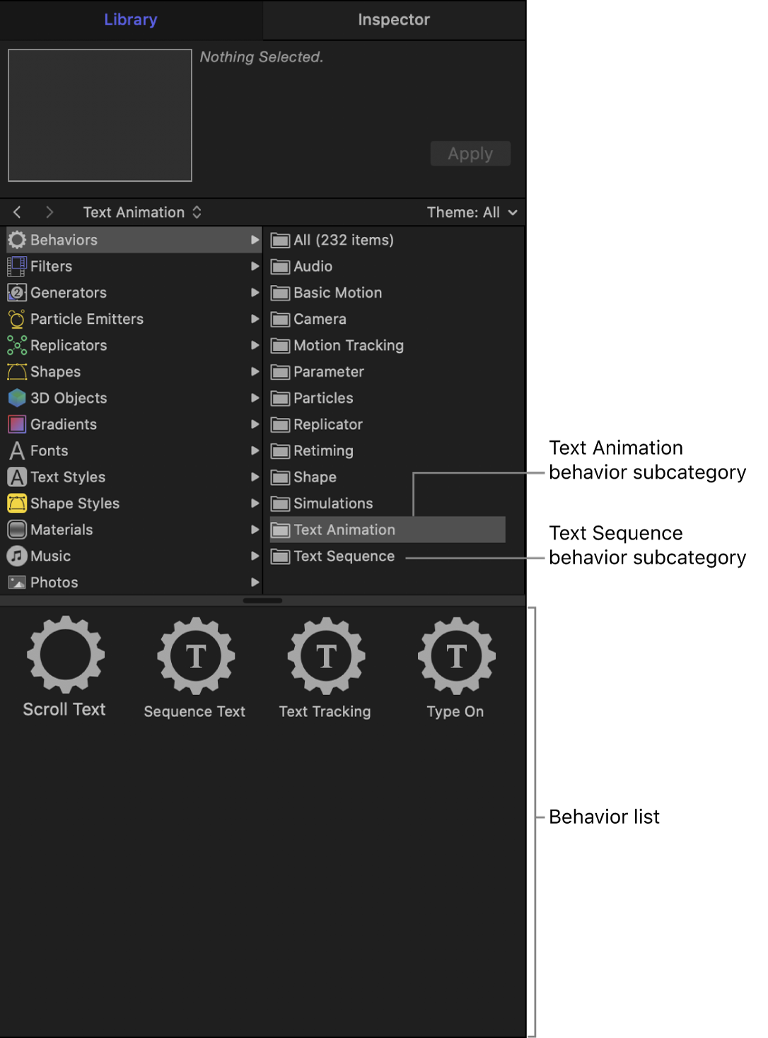 Library showing Text Animation behavior subcategory