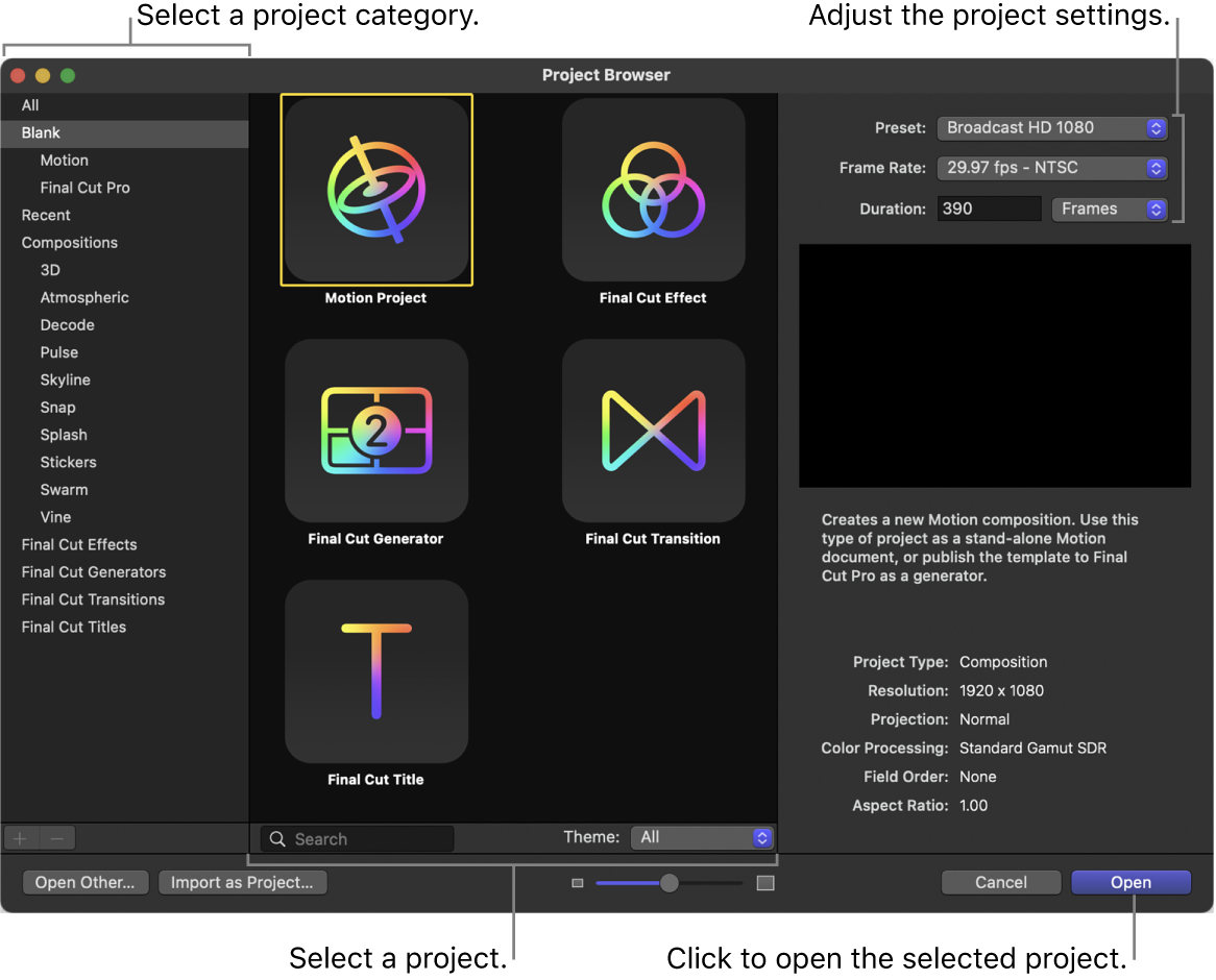 Project Browser showing category and project selection, project settings, and Open button