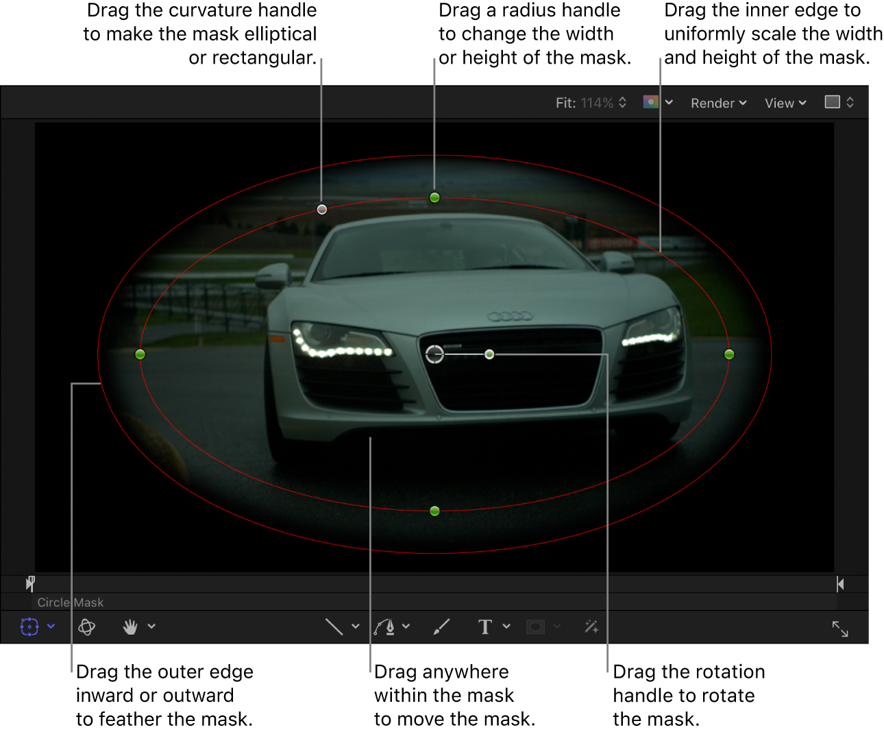 Controles en pantalla para escalar, suavizar, girar y curvar una máscara simple