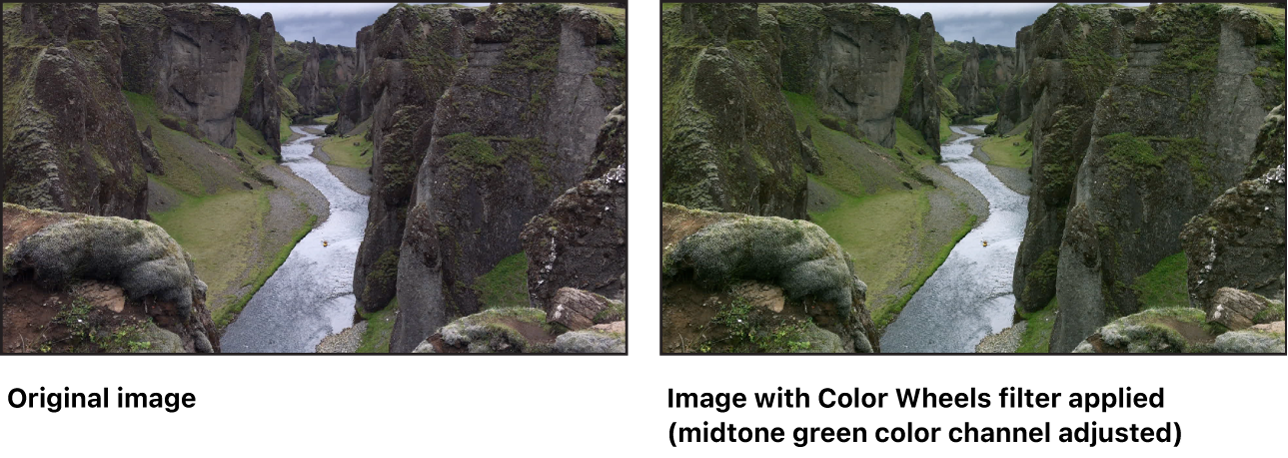 Lienzo con el efecto del filtro “Ruedas de color” (con el canal de color verde en su región de tonos medios ajustado)