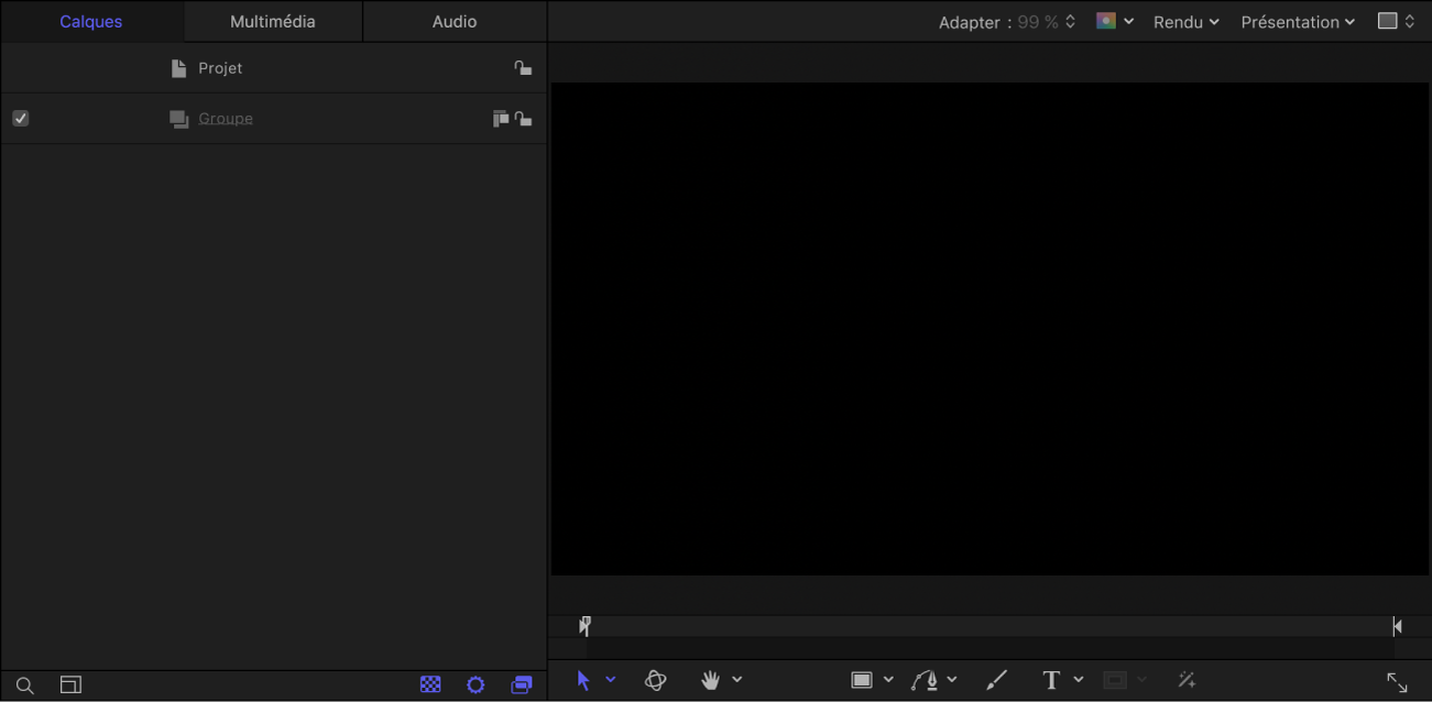 Nouveau projet de générateur Final Cut affichant la liste Calques et le canevas