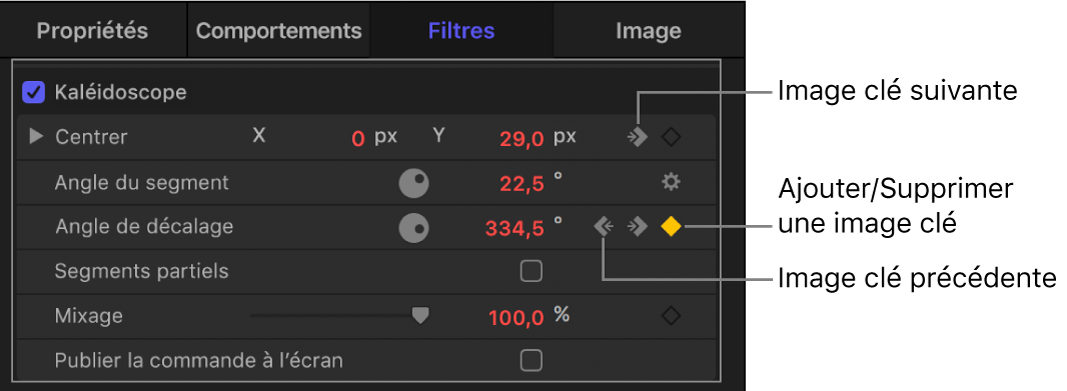 Inspecteur reprenant les commandes « Image clé précédente », « Ajouter une image clé/Supprimer l’image clé » et « Image clé suivante »