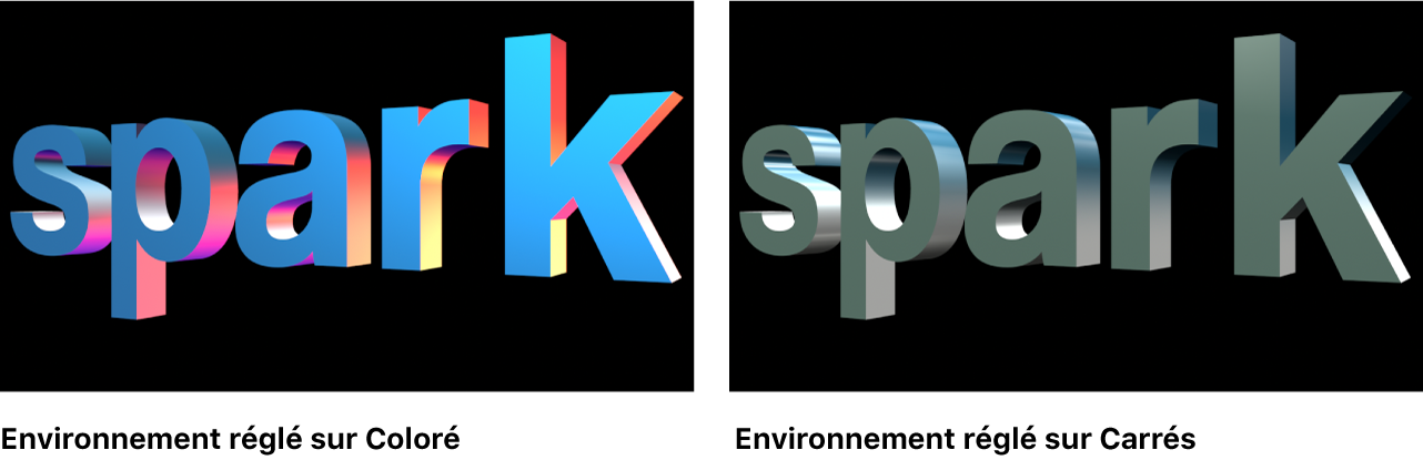 Canevas affichant un texte 3D avec Environnement réglé sur Couleur et sur Places