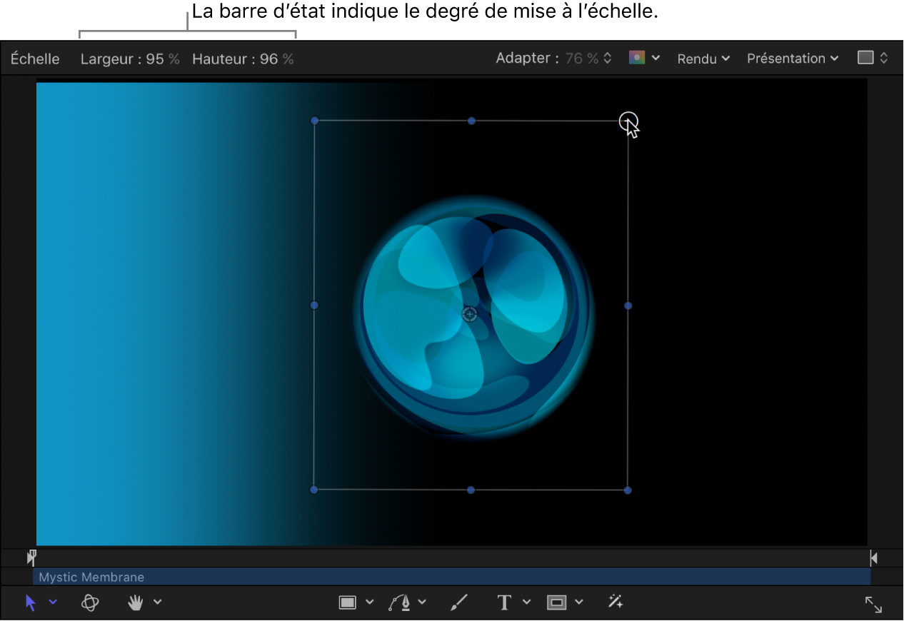 Canevas affichant la barre d’état qui apparaît lors du redimensionnement d’un objet