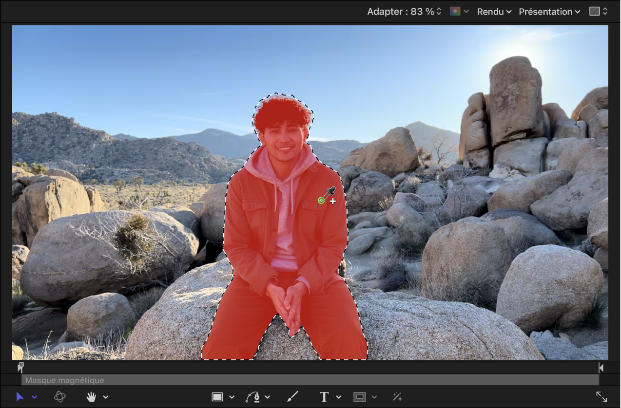 Le canevas montrant le masque magnétique appliqué pour isoler une personne de l’arrière-plan d’un plan. Au fur et à mesure que vous faites glisser la pipette, la personne est mise en surbrillance, montrant où le masque magnétique sera appliqué.