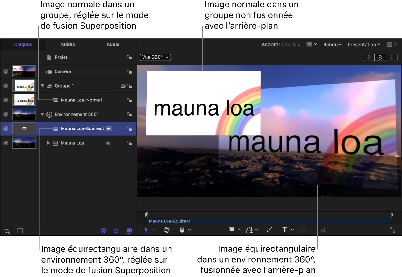 Canevas affichant le mode de fusion Ajouter, sans effet sur l’image dans un groupe, et le mode de fusion Ajouter appliqué correctement sur une image dans un environnement 360°
