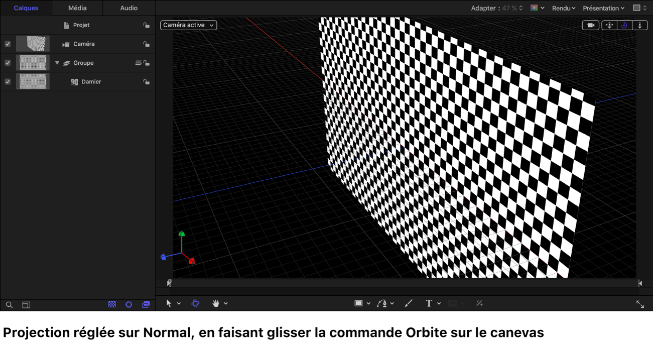 Canevas avec la caméra orbitant autour d’un générateur Damier affiché dans la projection normale