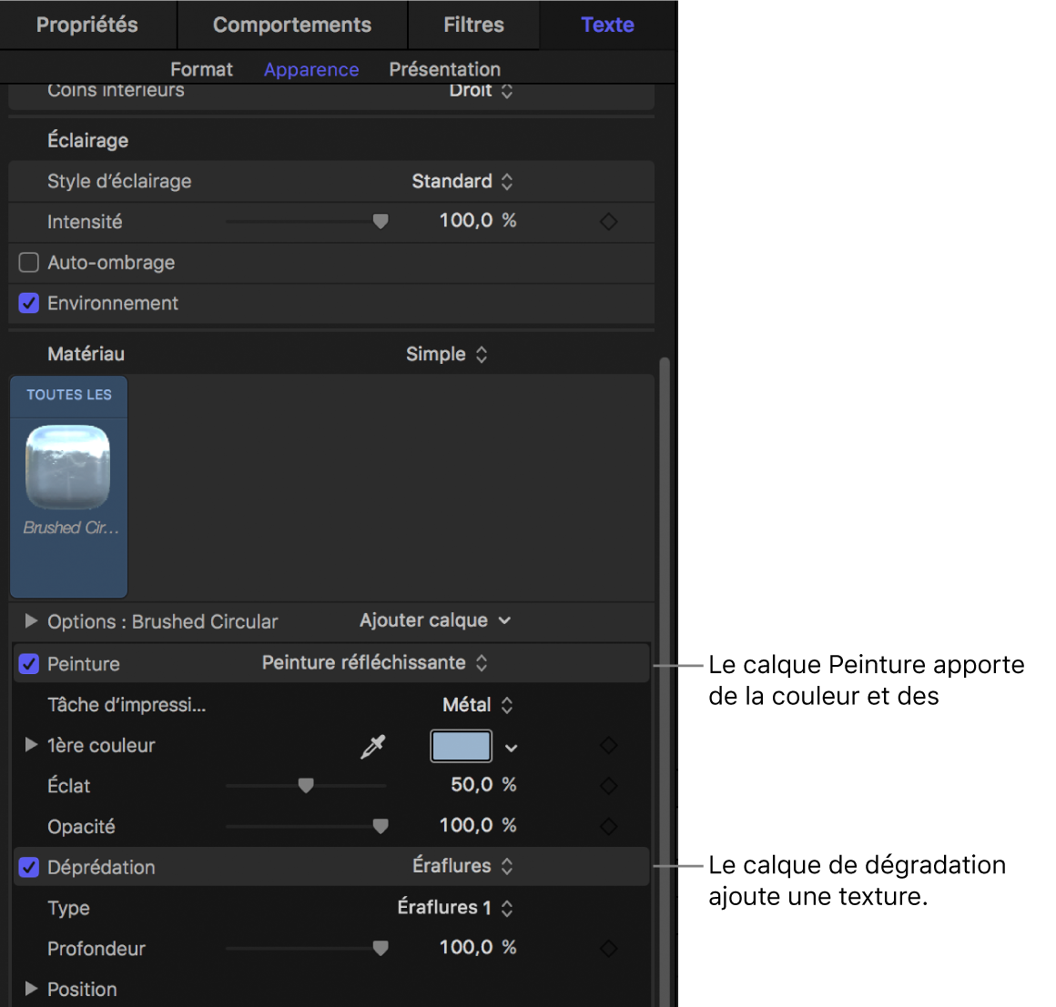 Inspecteur de texte 3D affichant des calques de matériau