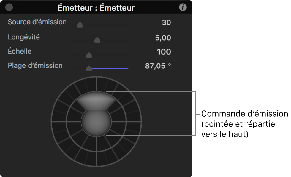 Palette affichant les commandes d’émetteur 3D