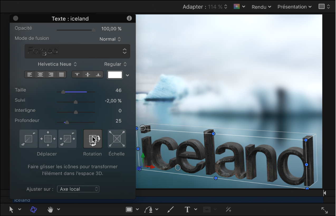 Ajustement dans la palette 3D pour faire pivoter le texte 3D.