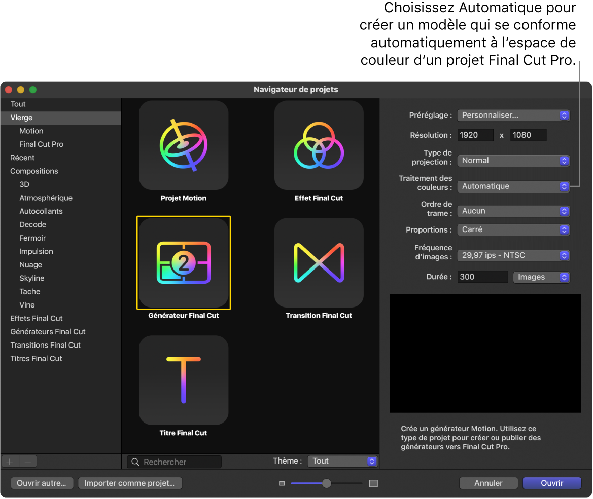 Navigateur de projets montrant l’icône « Générateur Final Cut » et « Traitement des couleurs » défini sur Automatique