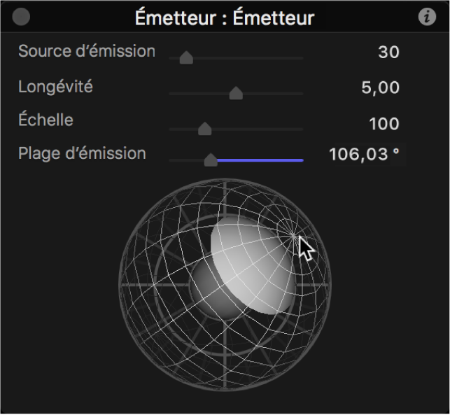 Palette affichant une sphère de commande d’émission 3D pivotée et décalée
