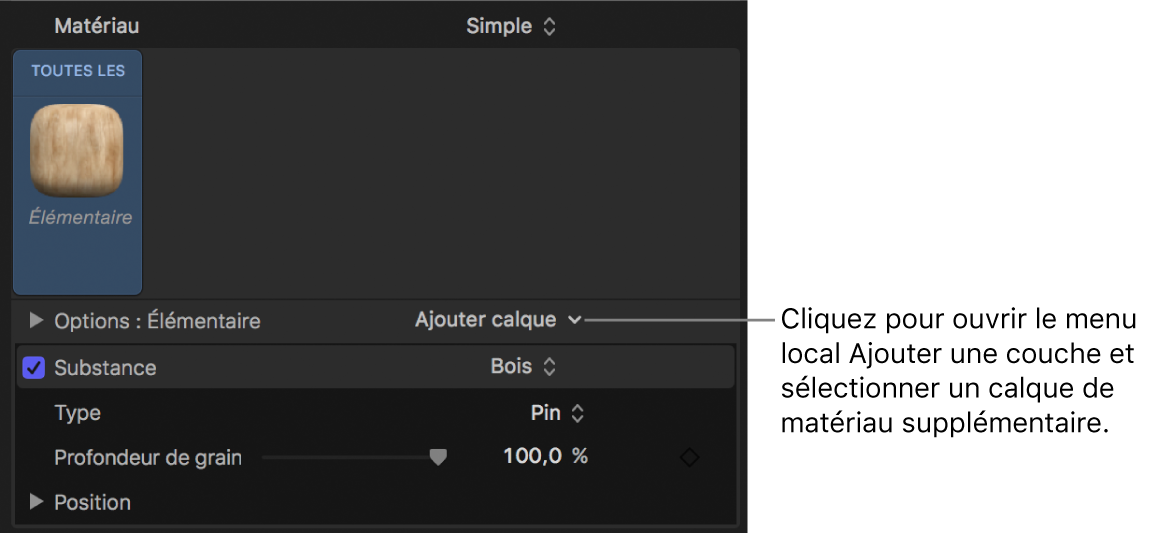 Inspecteur de texte 3D affichant le menu local Ajouter une couche pour un matériau