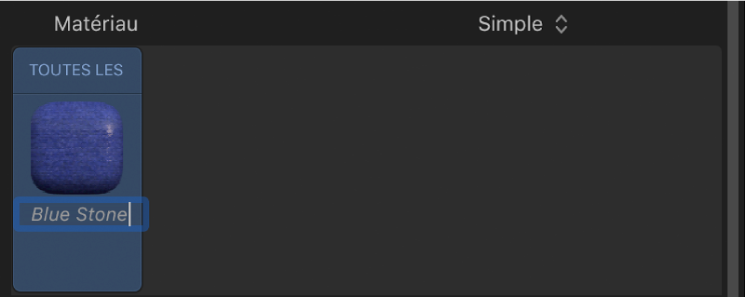 Nom d’un matériau en cours de modification dans l’inspecteur de texte 3D