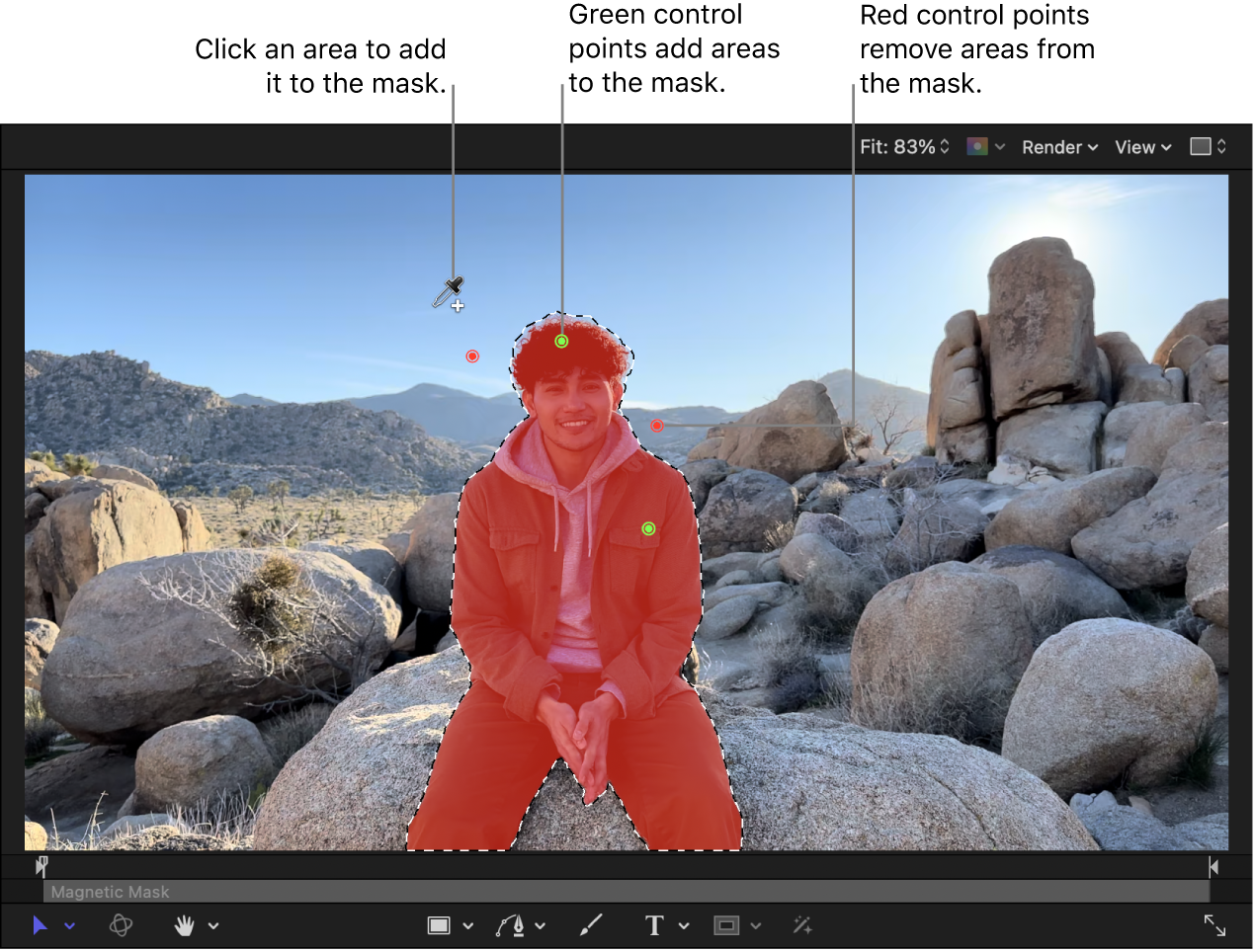 显示磁性蒙版应用到前景人物的画布。“添加”滴管活跃中,绿色和红色控制点指示在蒙版中添加或移除的区域。