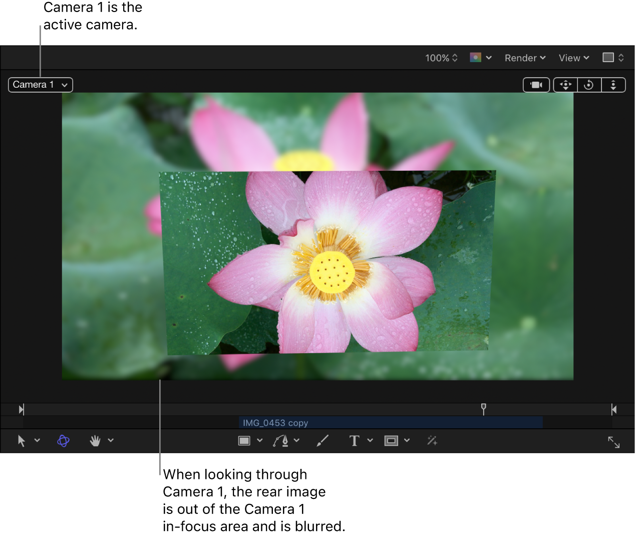 显示景深效果可见的摄像机的画布