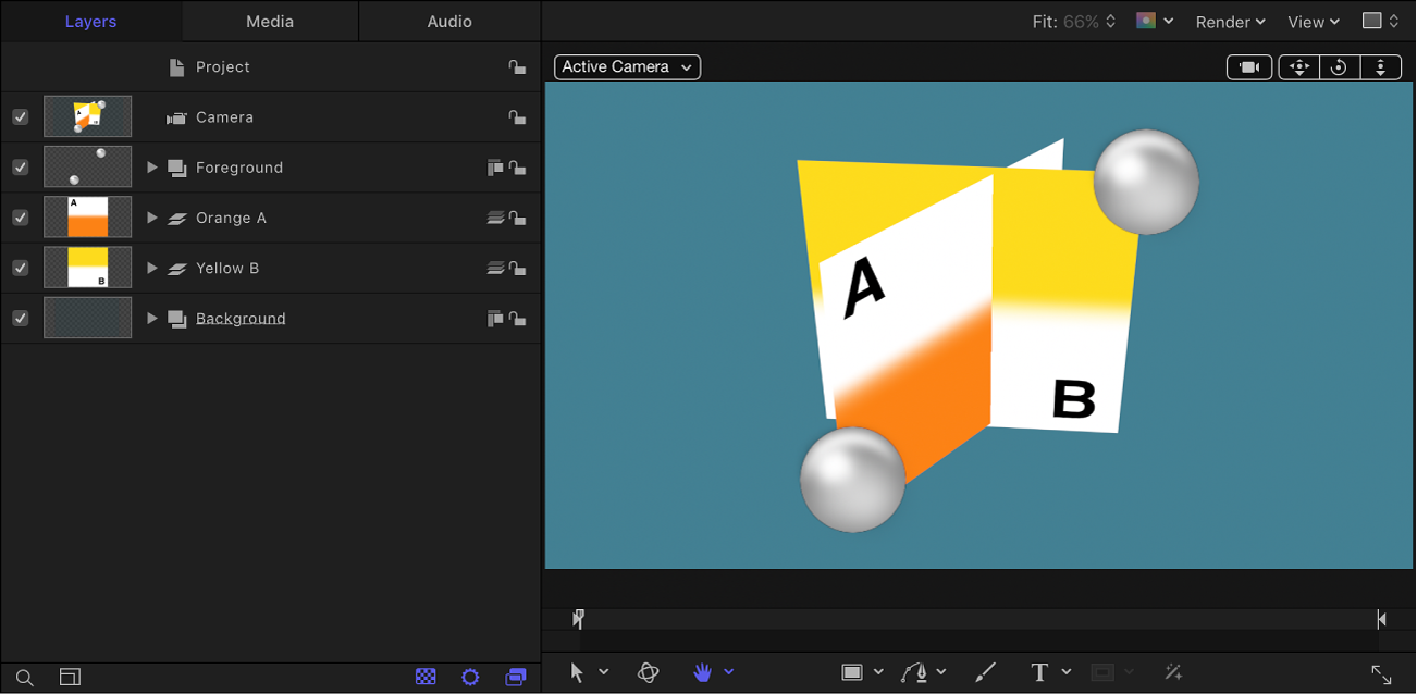 显示层排列同时包含了 2D 和 3D 群组的层列表和画布