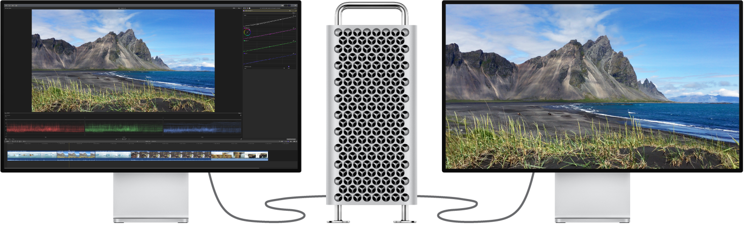 Ein Mac Pro mit einem angeschlossenen Pro Display XDR mit der Final Cut Pro-Bedienoberfläche und einem zweiten angeschlossenen Pro Display XDR, auf dem nur Viewer-Inhalte zu sehen sind