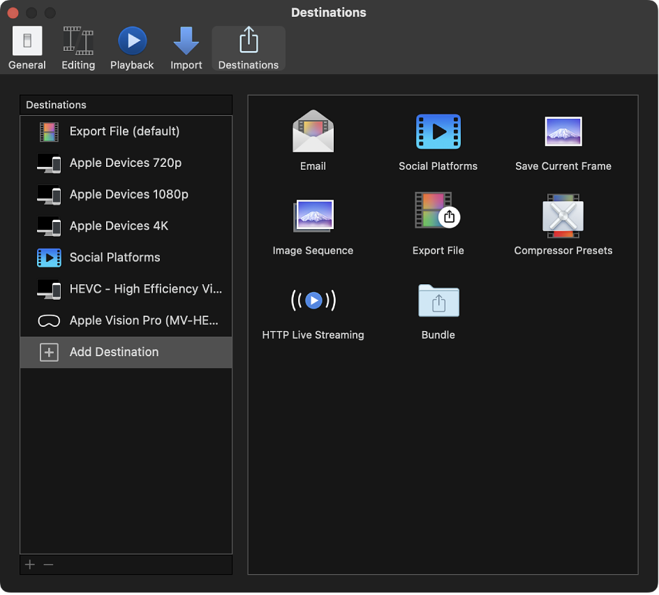 Bereich „Ziele“ im Final Cut Pro-Fenster „Einstellungen“