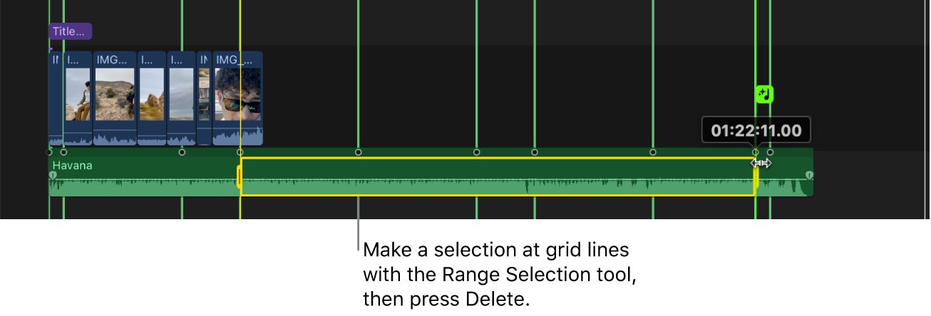 Die Timeline zeigt das Werkzeug „Bereichsauswahl“, das zum Auswählen eines Abschnitts eines Musikclips zwischen Songpart-Markern verwendet wird