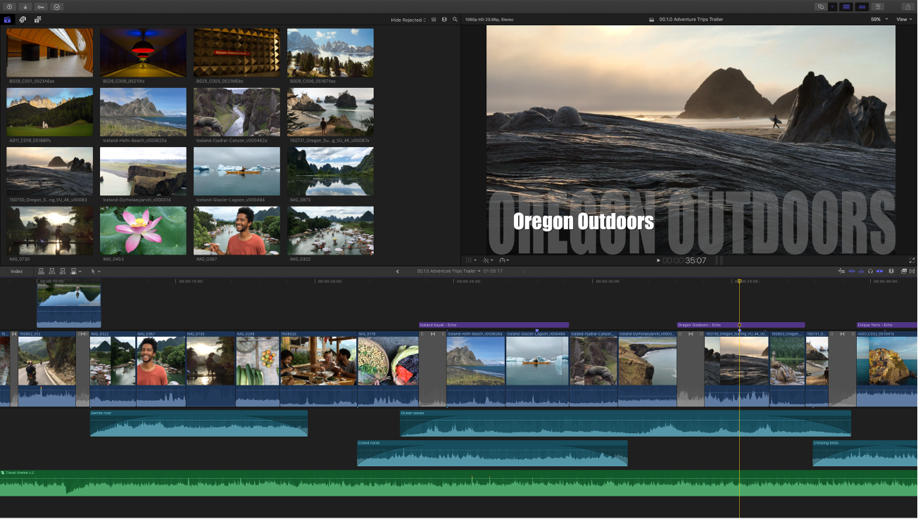The Final Cut Pro window showing the browser, viewer, and timeline