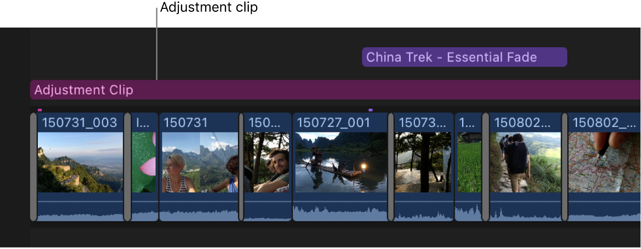 Línea de tiempo que muestra un clip de ajuste conectado encima de los clips de la pista principal