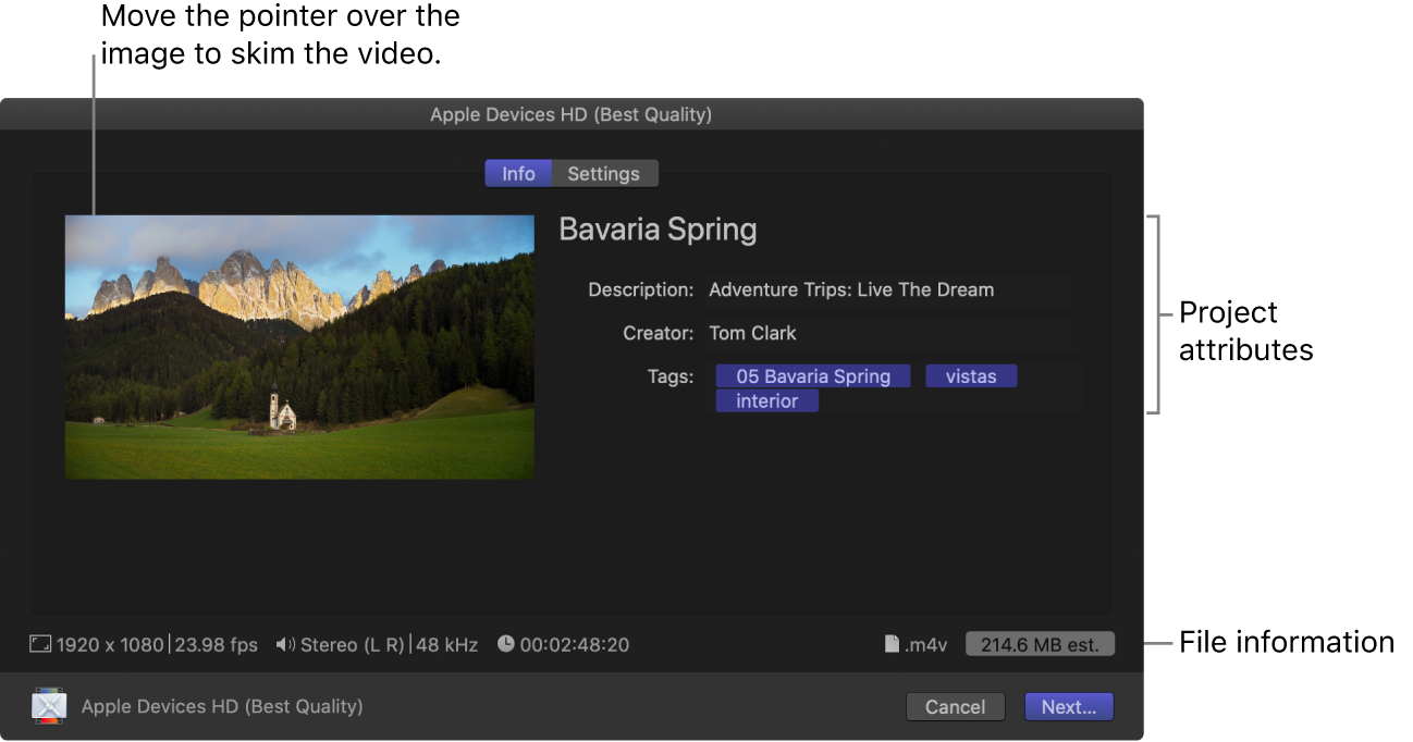 El panel Información de la ventana Compartir para un destino personalizado basado en el destino “Preajustes de Compressor”
