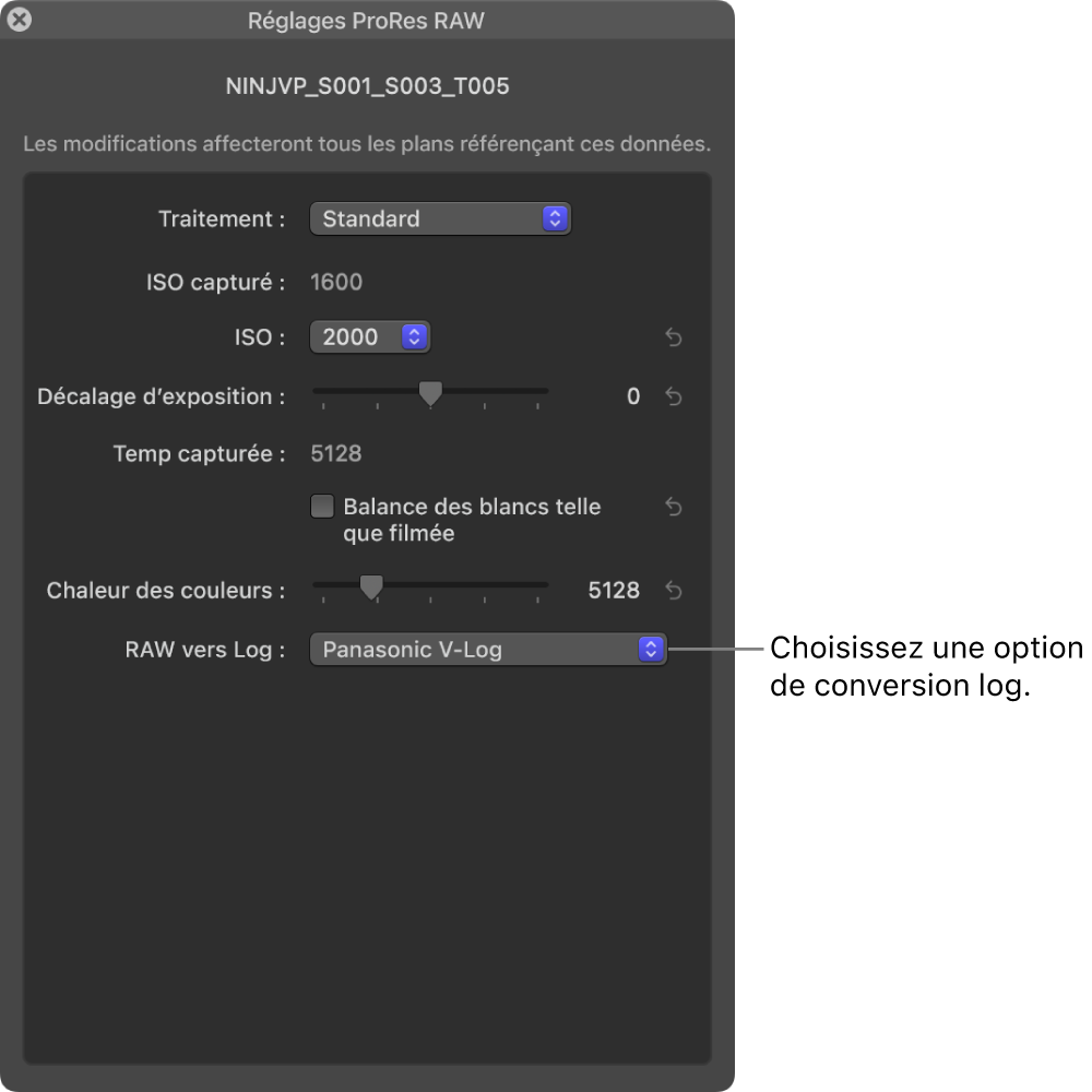 Fenêtre « Réglages ProRes RAW » montrant le menu local « RAW vers log »