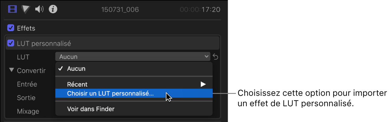 Option « Choisir une LUT personnalisée » choisie dans le menu local LUT dans la section LUT personnalisée de l’inspecteur vidéo
