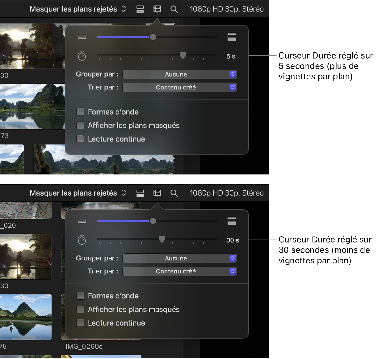 Comparaison de la longueur visuelle des pellicules dans le navigateur lorsque le curseur Durée est réglé sur 5 et sur 30 secondes