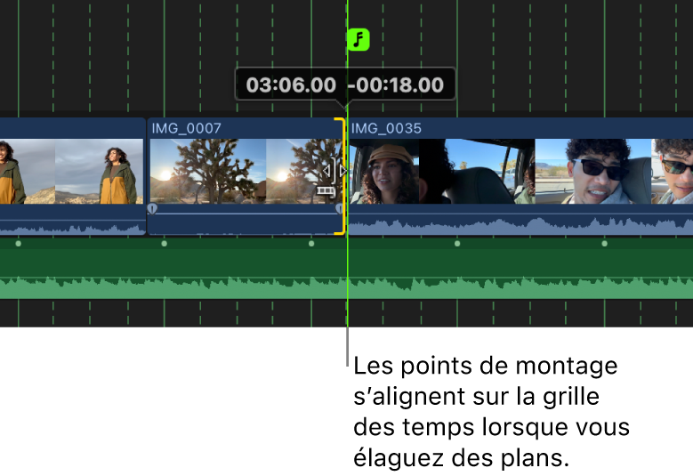 Plan de la timeline en cours d’élagage sur un temps, avec la ligne de la grille des temps en surbrillance vert vif.