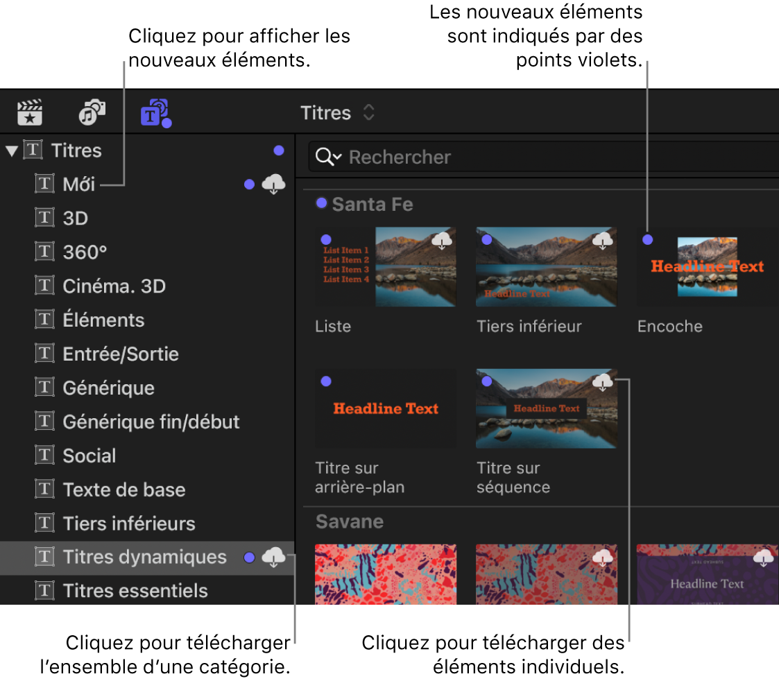 Navigateur et barre latérale « Titres et générateurs », avec des points violets indiquant les nouveaux éléments et des boutons de téléchargement sur les éléments qui n’ont pas encore été téléchargés