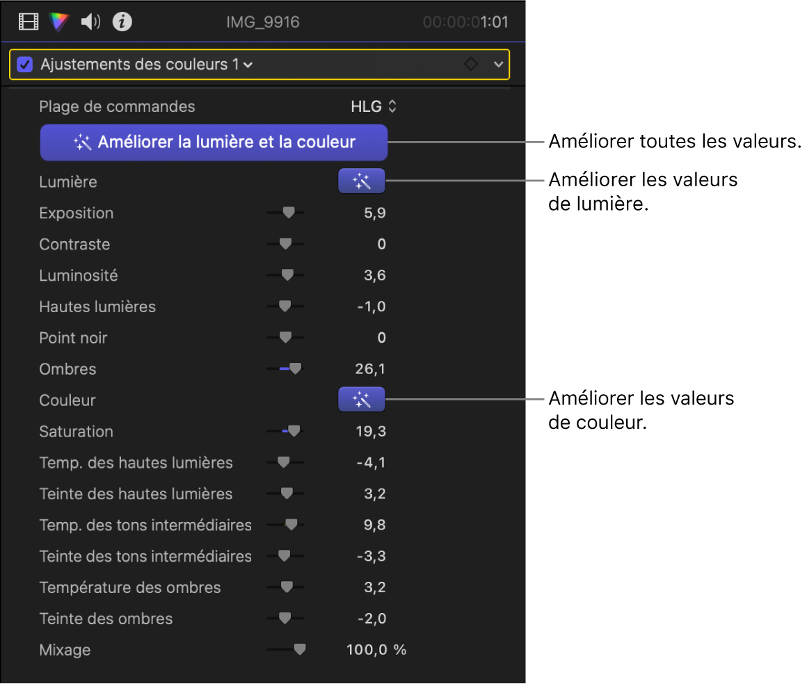 L’effet « Ajustements des couleurs » avec les commandes « Améliorer la lumière et la couleur » activées