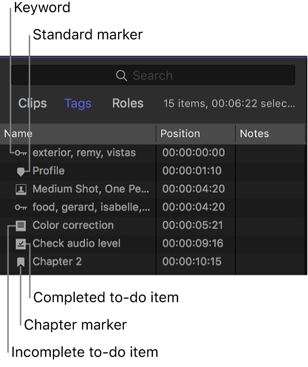 タイムラインインデックスの上部にある「タグ」ボタン。「タグ」パネルが表示されている