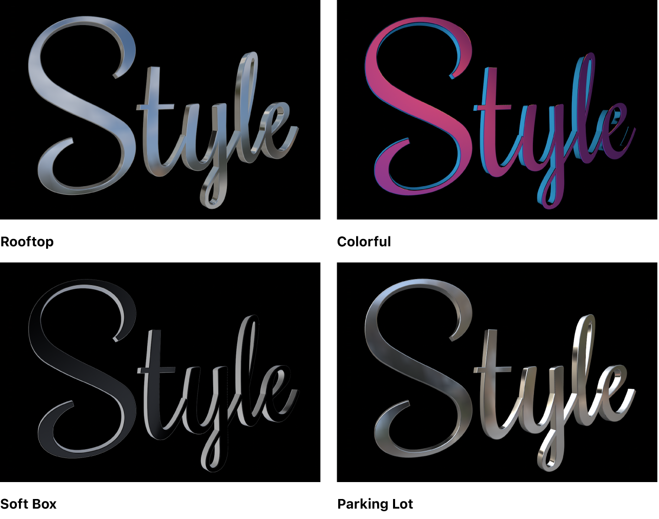 ビューアに表示された3Dタイトル。「屋上」、「カラフル」、「ソフトボックス」、「駐車場」という4種類のライティング環境が適用されている