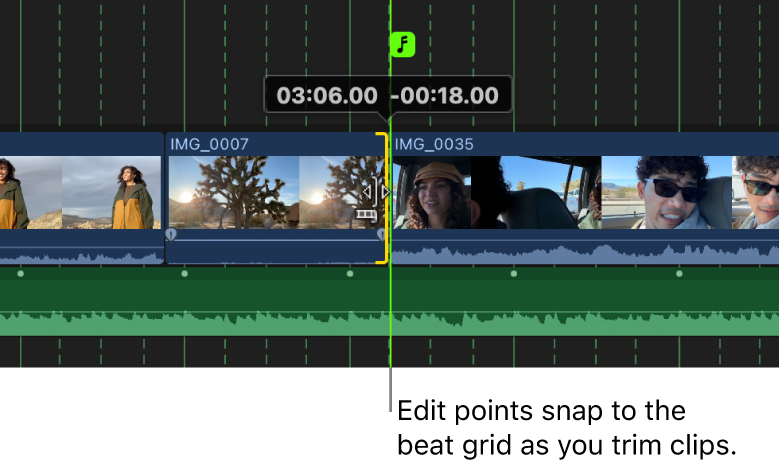 タイムラインクリップがビートに合わせてトリムされ、ビートのグリッド線が明るい緑色で強調表示されています