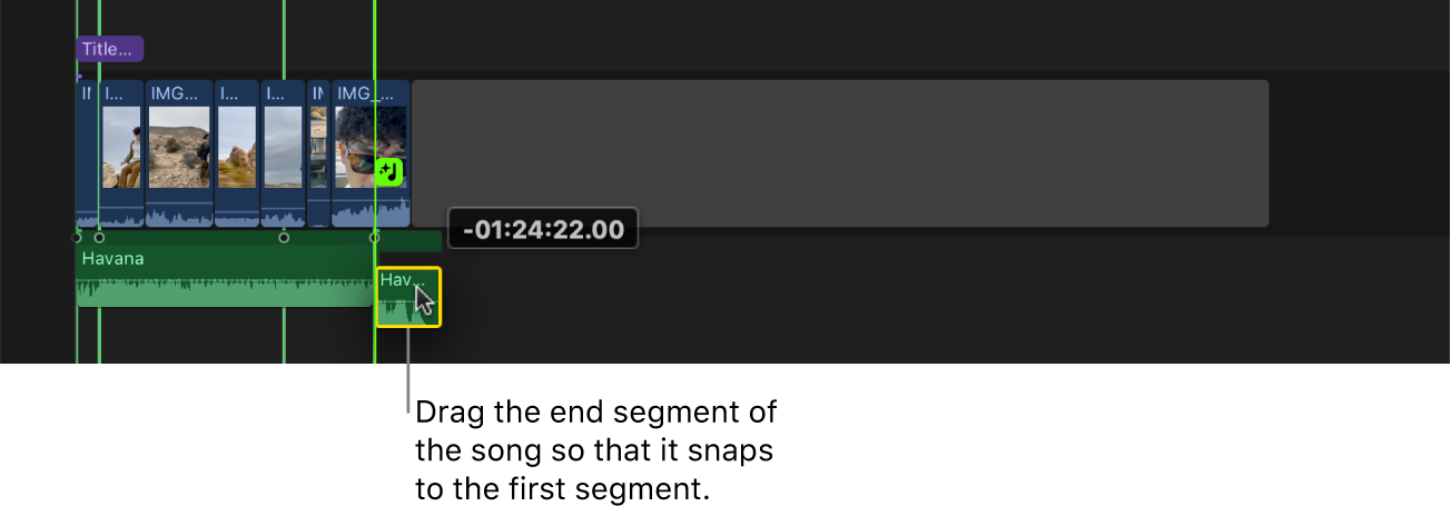 갭을 좁히기 위해 음악 클립의 끝 부분을 첫 번째 부분에 드래그하는 것을 보여주는 타임라인