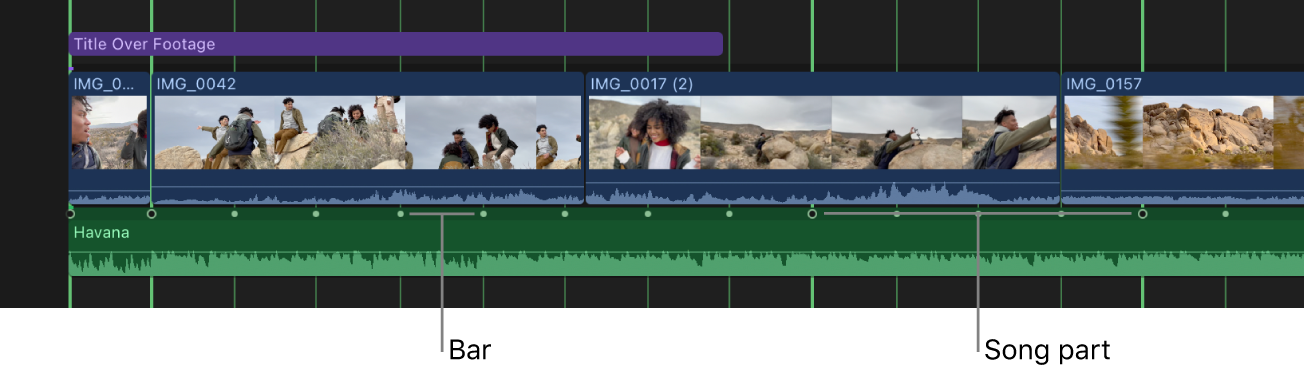 노래 파트 및 마디의 마커를 표시하는 음악 클립이 있는 부분적으로 확대된 타임라인
