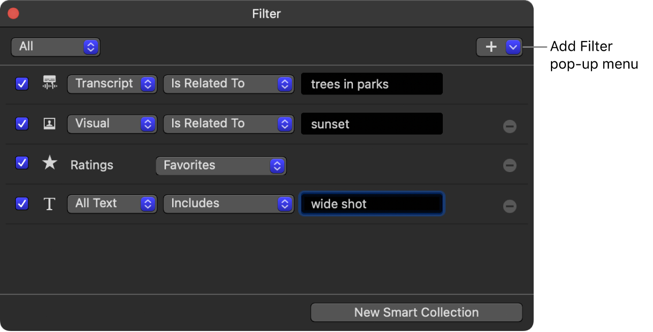 필터 윈도우의 필터 추가 팝업 메뉴