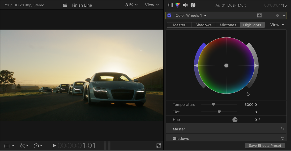 색 보정 효과가 적용된 클립을 보여주는 뷰어 및 색상 인스펙터