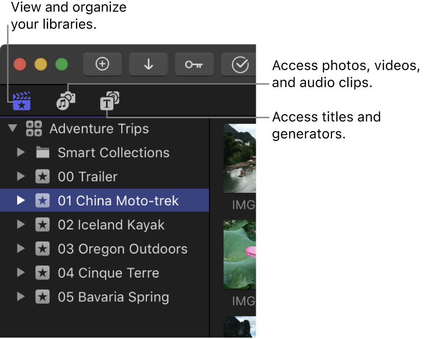 Final Cut Pro 윈도우의 왼쪽 상단 모서리에 사이드바 패널을 열기 위한 세 개의 버튼