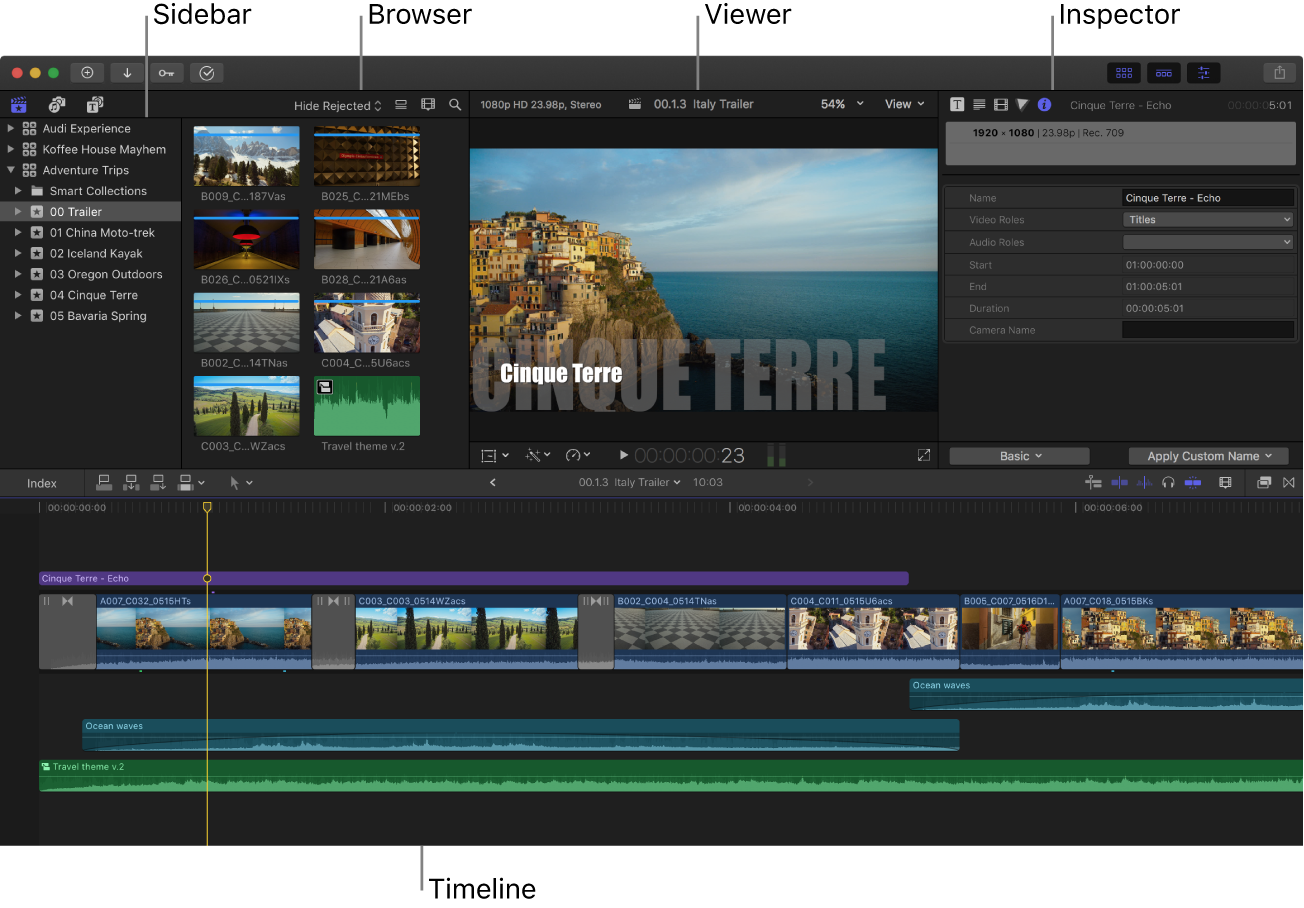 Final Cut Pro 窗口,显示边栏、浏览器、检视器、检查器和时间线