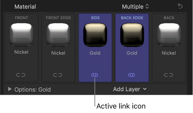 显示两个所选面的文本检查器的“材质”部分,其中下面的蓝色链接图标表示面已链接