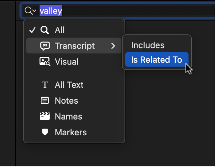 搜索栏弹出式菜单显示子菜单中已选中的“听写文本”和“关于”