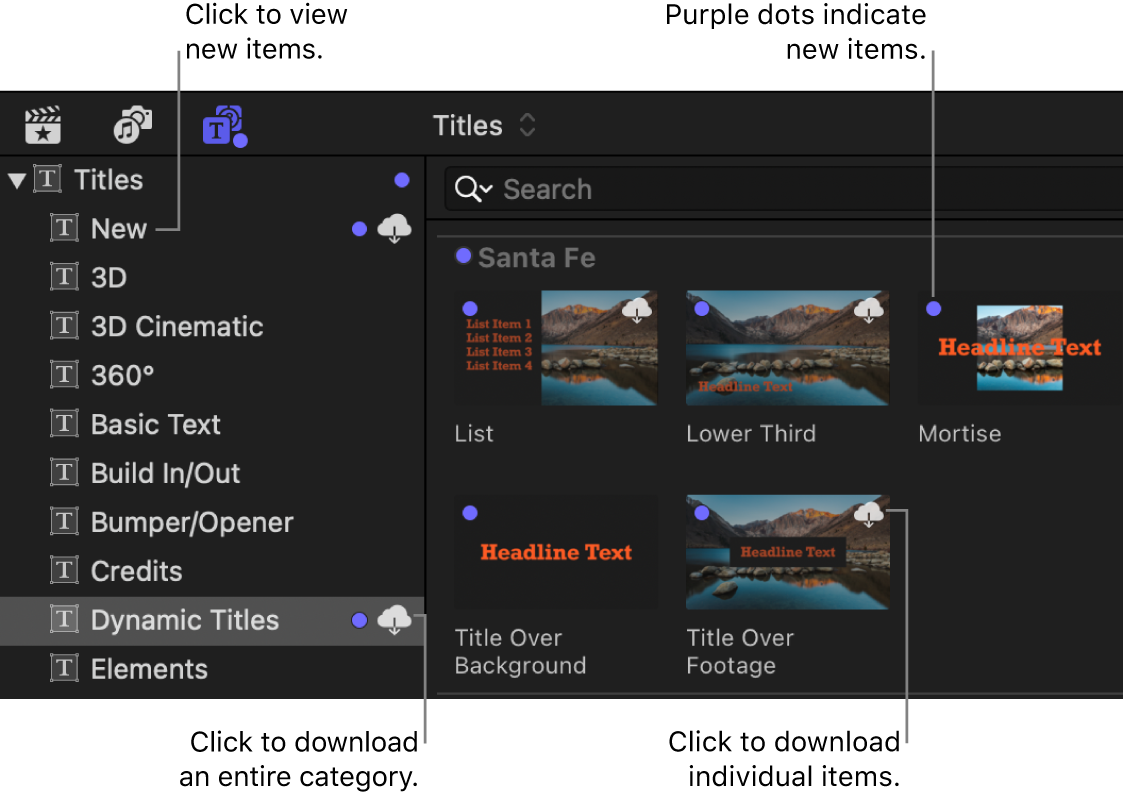 “字幕和发生器”边栏及浏览器,紫色圆点表示新项,尚未下载的项上显示“下载”按钮