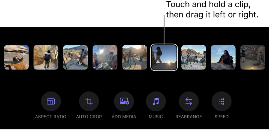 A clip selected in the row of thumbnails at the bottom of the Montage Maker screen.