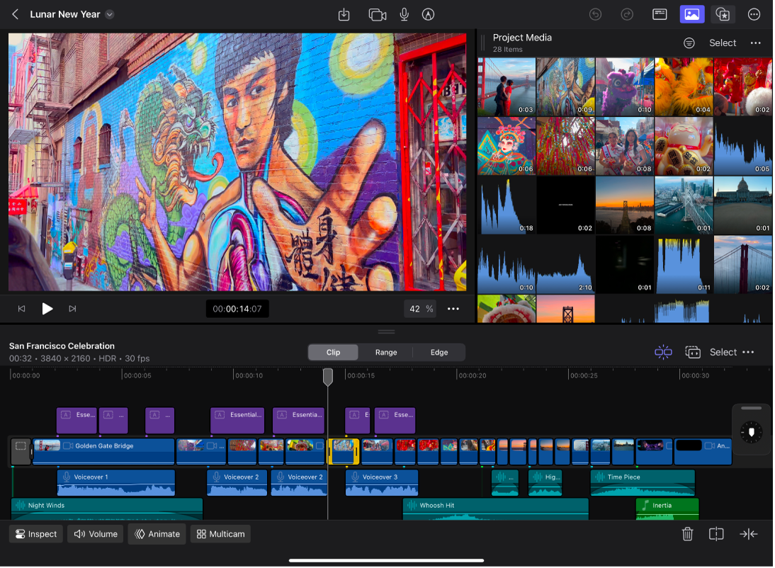 La pantalla Editar de Final Cut Pro en orientación horizontal.