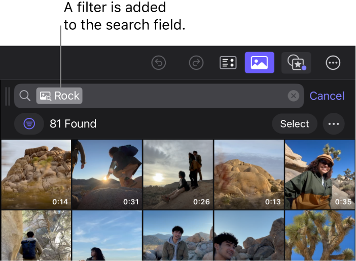 Campo de búsqueda con un filtro para elementos visuales que coinciden con “Rock” y el explorador mostrando 81 clips que coinciden con el filtro de búsqueda.