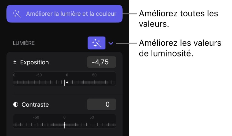 Onglet Effets de l’inspecteur avec le bouton « Améliorer la lumière et la couleur » et le bouton Améliorer pour la section Lumière.